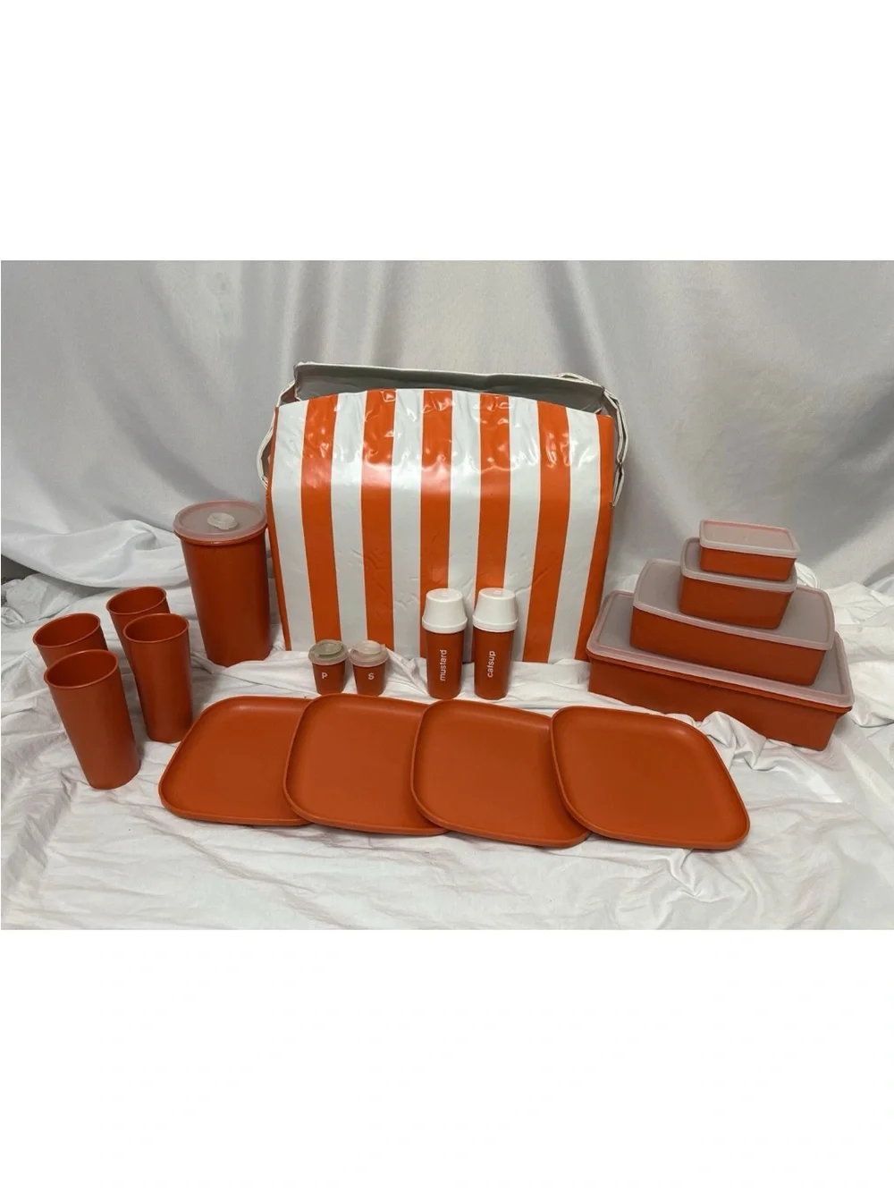 Vintage Tupperware Picnic Set Orange & White Plates, Pitcher, Bowls, Condiment